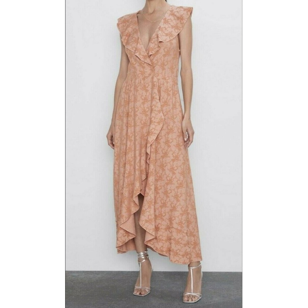 Zara Peach Jaquard High Slit Ruffled Wrap Dress Sz L NWOT
